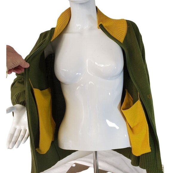 Full Zip Knit Cardigan Debra Lola Color Block Mock Neck Green Yellow Womens 10 - Picture 1 of 10